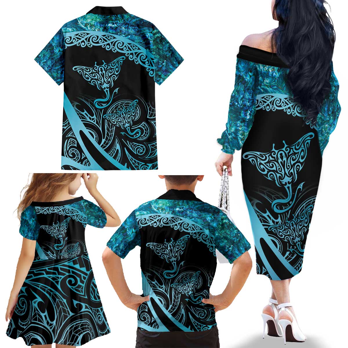 New Zealand Stingray Family Matching Off The Shoulder Long Sleeve Dress and Hawaiian Shirt Aotearoa Whai With Maori Paua Shell LT14 - Polynesian Pride