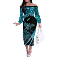 New Zealand Stingray Family Matching Off The Shoulder Long Sleeve Dress and Hawaiian Shirt Aotearoa Whai With Maori Paua Shell LT14 Mom's Dress Turquoise - Polynesian Pride
