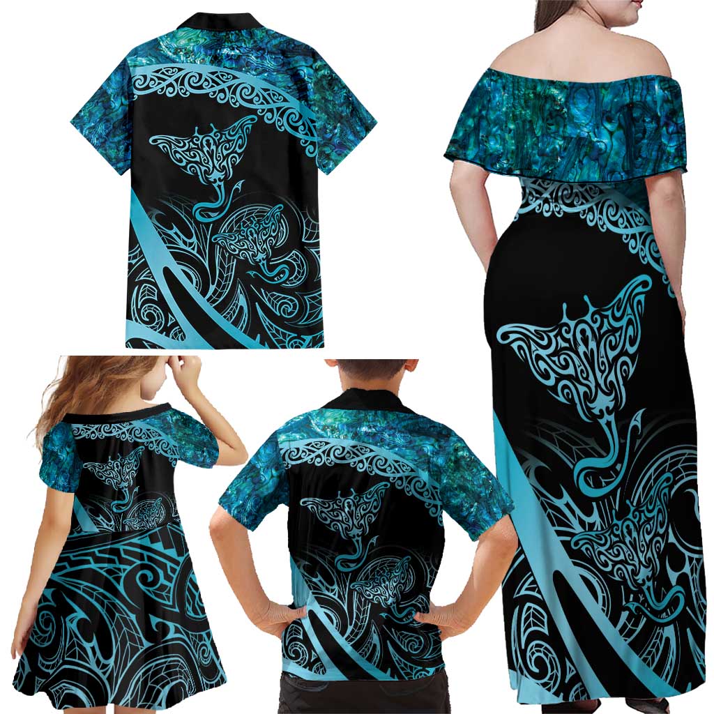 New Zealand Stingray Family Matching Off Shoulder Maxi Dress and Hawaiian Shirt Aotearoa Whai With Maori Paua Shell LT14 - Polynesian Pride