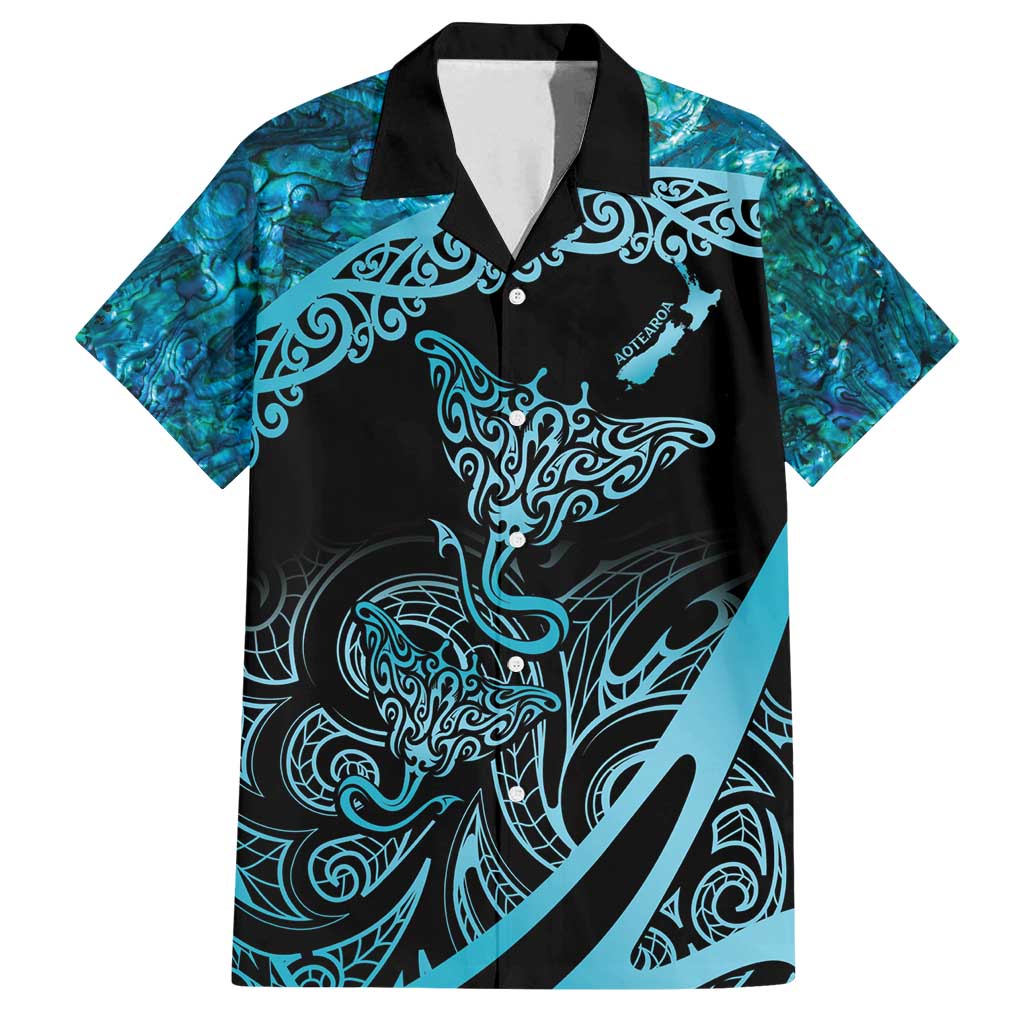 New Zealand Stingray Family Matching Off Shoulder Maxi Dress and Hawaiian Shirt Aotearoa Whai With Maori Paua Shell LT14 Dad's Shirt - Short Sleeve Turquoise - Polynesian Pride