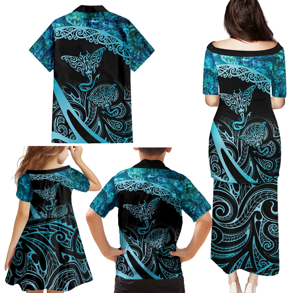 New Zealand Stingray Family Matching Puletasi and Hawaiian Shirt Aotearoa Whai With Maori Paua Shell LT14 - Polynesian Pride