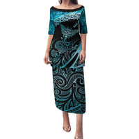 New Zealand Stingray Family Matching Puletasi and Hawaiian Shirt Aotearoa Whai With Maori Paua Shell LT14 Mom's Dress Turquoise - Polynesian Pride