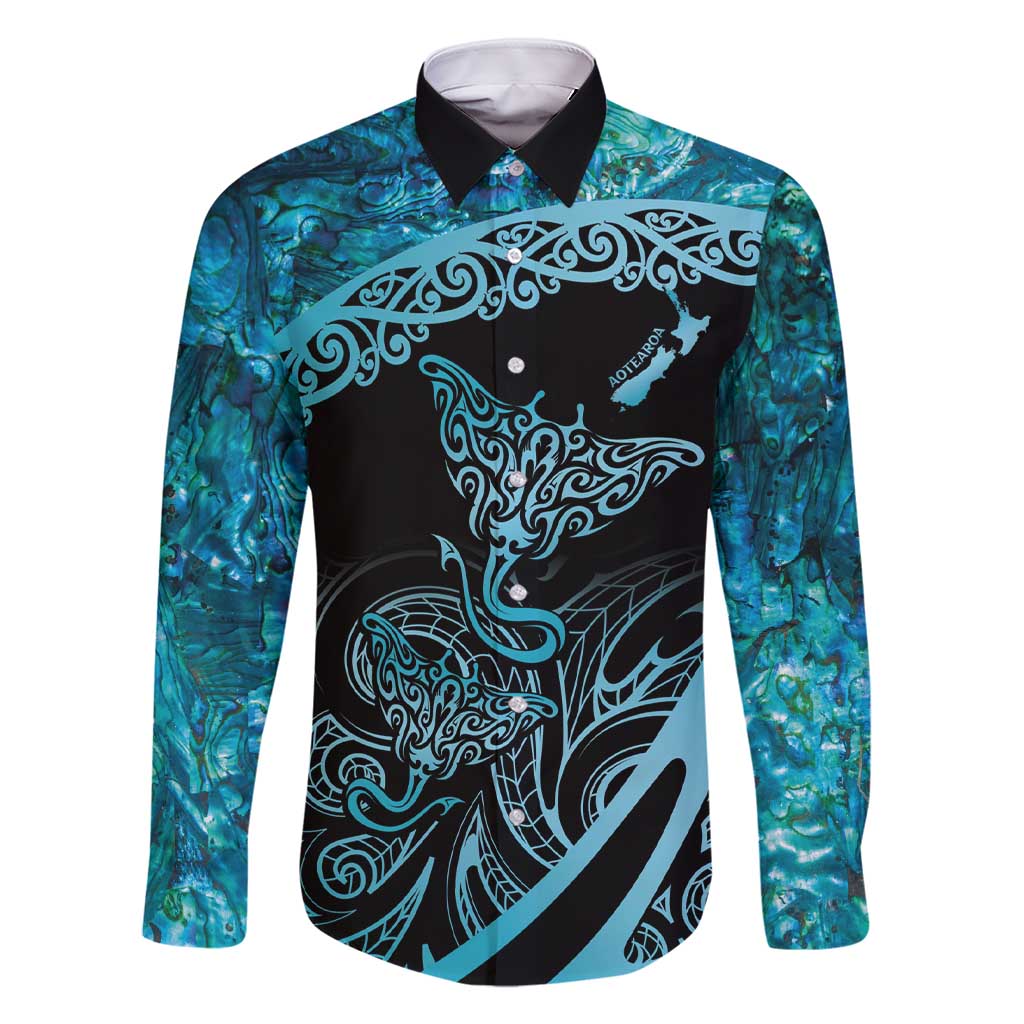 New Zealand Stingray Family Matching Short Sleeve Bodycon Dress and Hawaiian Shirt Aotearoa Whai With Maori Paua Shell LT14 Dad's Shirt - Long Sleeve Turquoise - Polynesian Pride