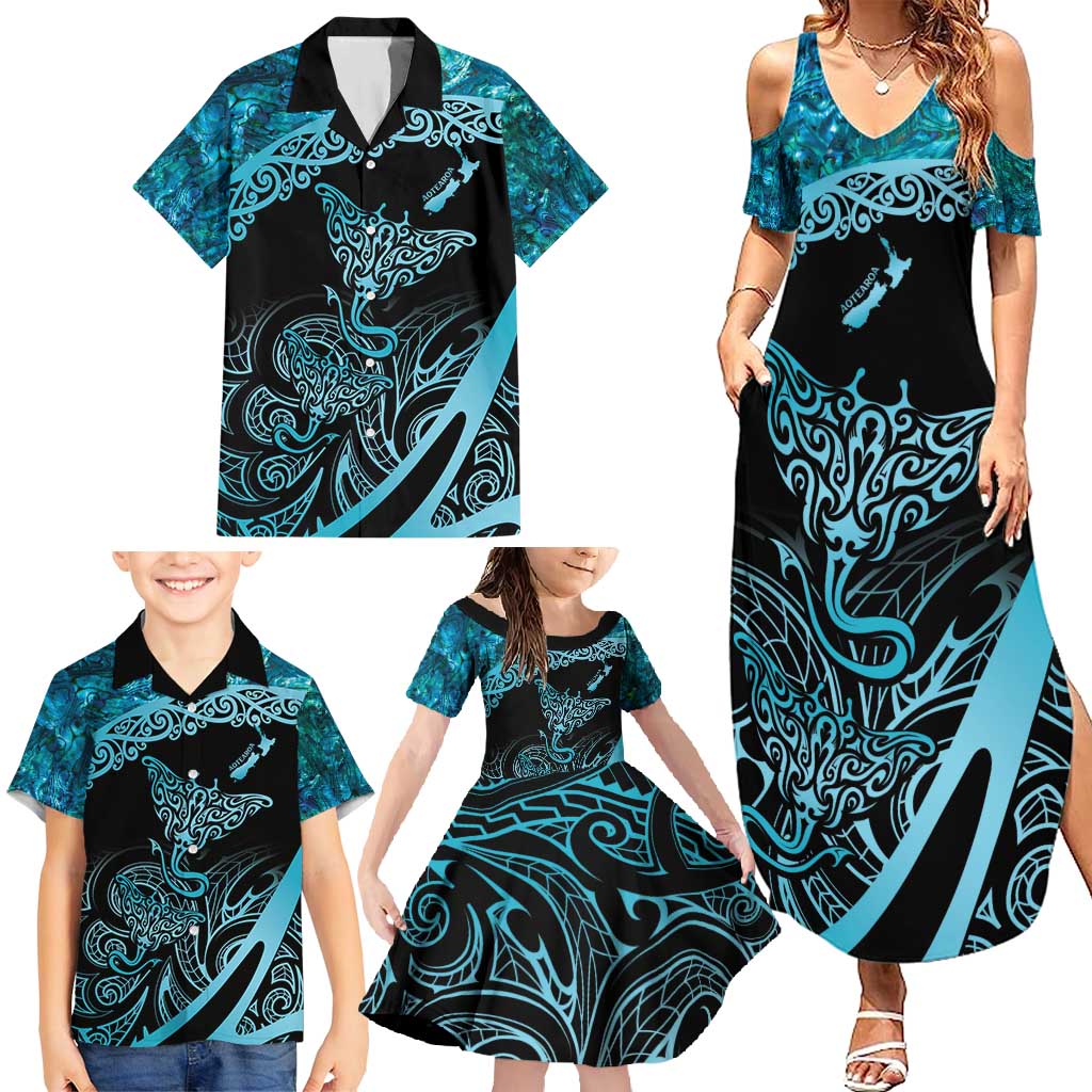 New Zealand Stingray Family Matching Summer Maxi Dress and Hawaiian Shirt Aotearoa Whai With Maori Paua Shell LT14 - Polynesian Pride