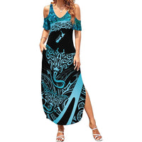 New Zealand Stingray Family Matching Summer Maxi Dress and Hawaiian Shirt Aotearoa Whai With Maori Paua Shell LT14 Mom's Dress Turquoise - Polynesian Pride
