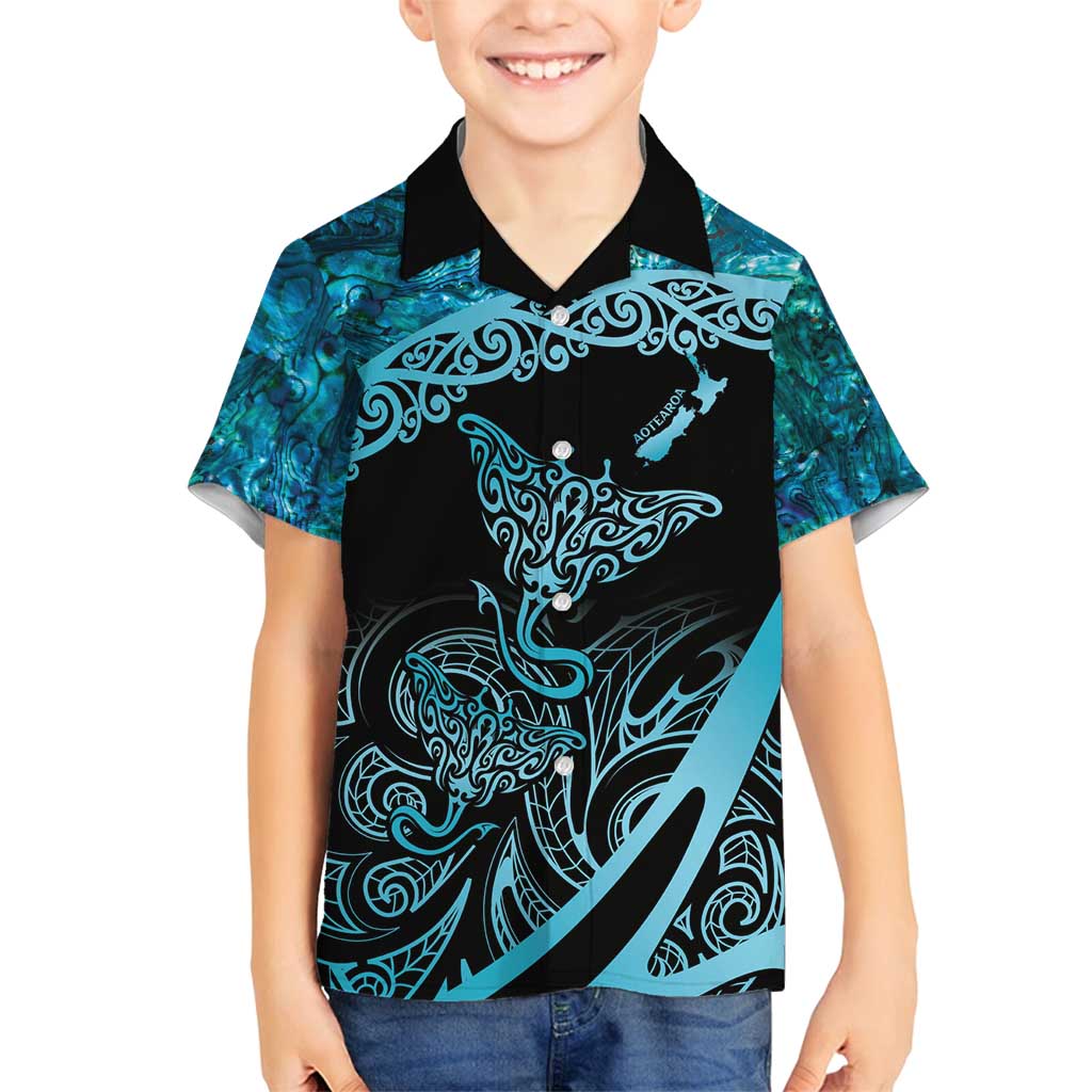 New Zealand Stingray Family Matching Summer Maxi Dress and Hawaiian Shirt Aotearoa Whai With Maori Paua Shell LT14 Son's Shirt Turquoise - Polynesian Pride