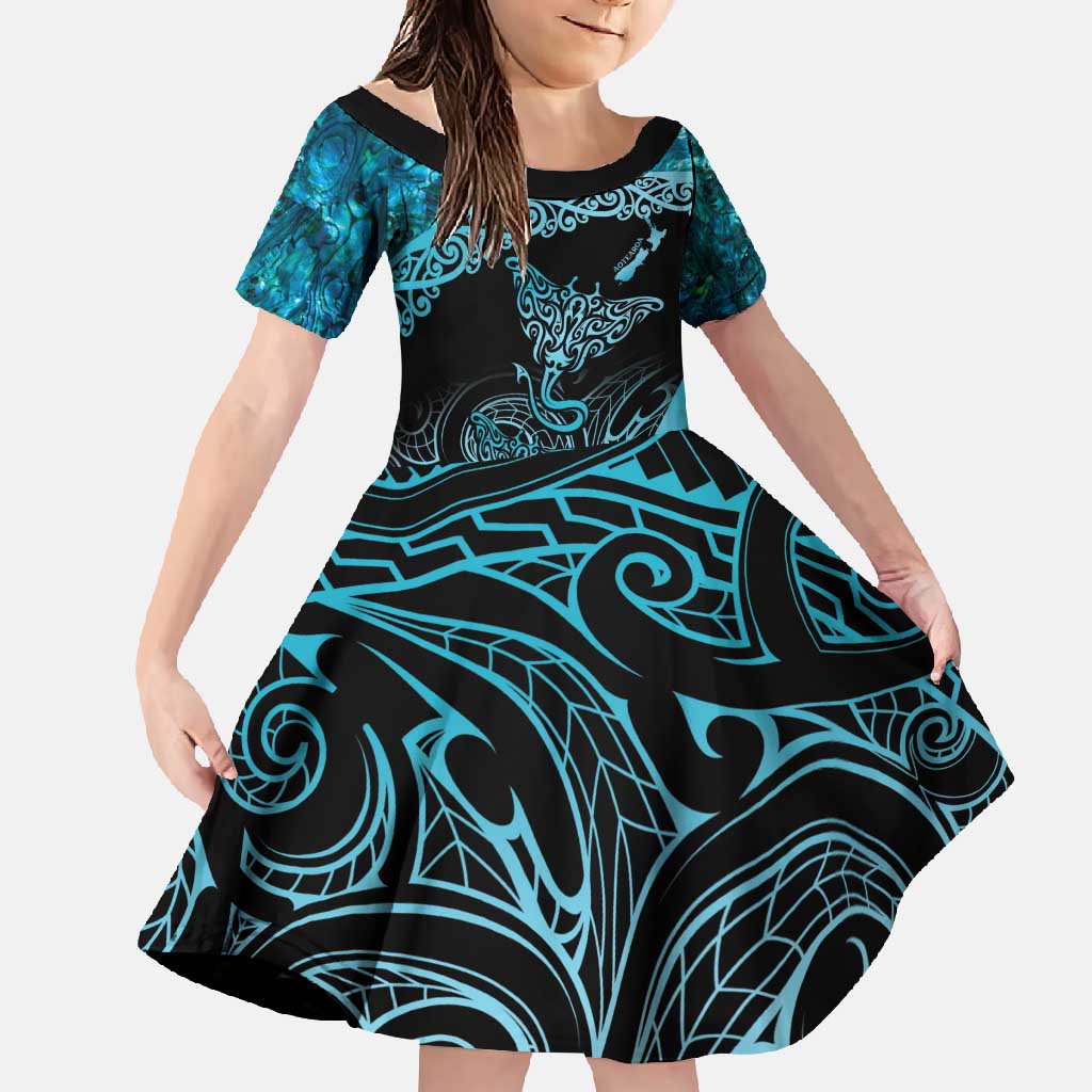 New Zealand Stingray Family Matching Tank Maxi Dress and Hawaiian Shirt Aotearoa Whai With Maori Paua Shell LT14 Daughter's Dress Turquoise - Polynesian Pride