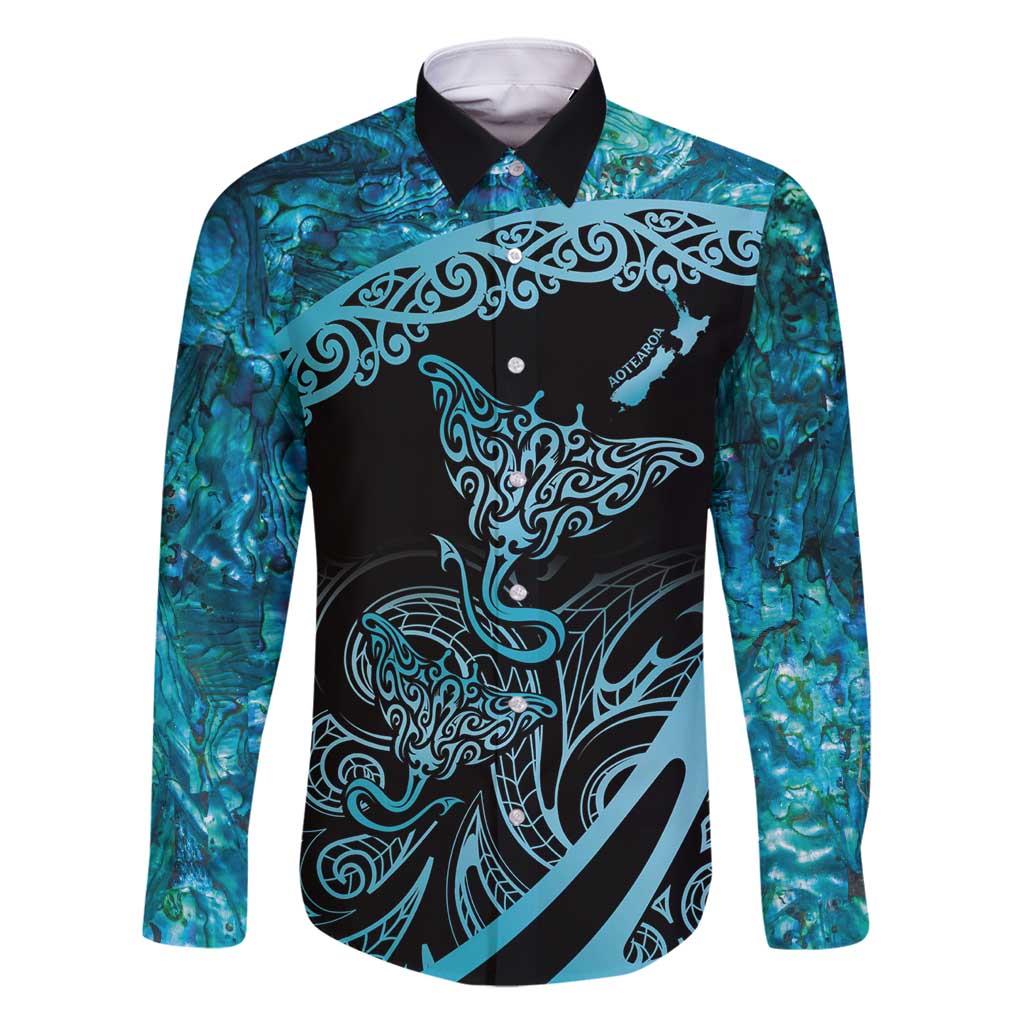New Zealand Stingray Family Matching Tank Maxi Dress and Hawaiian Shirt Aotearoa Whai With Maori Paua Shell LT14 Dad's Shirt - Long Sleeve Turquoise - Polynesian Pride