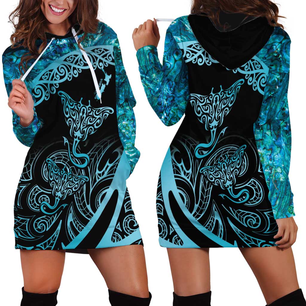 New Zealand Stingray Hoodie Dress Aotearoa Whai With Maori Paua Shell LT14 - Polynesian Pride
