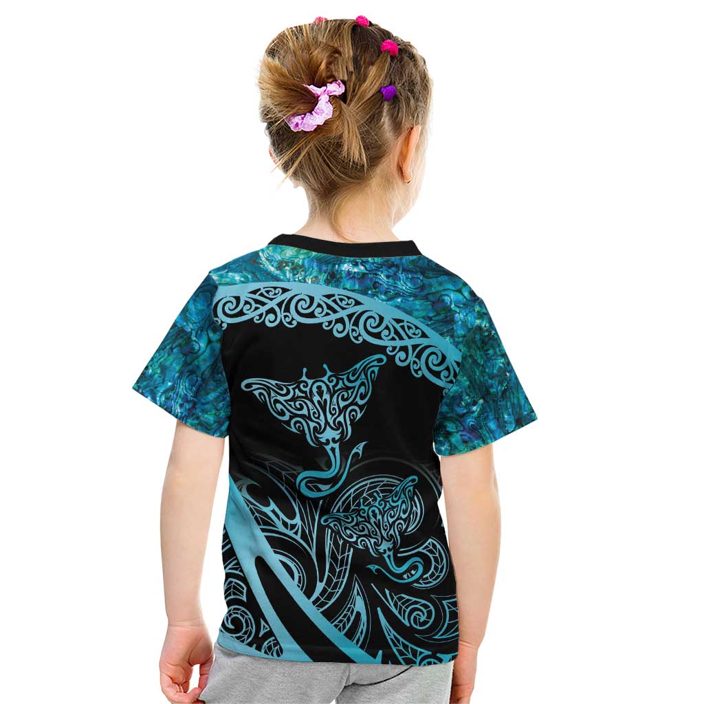 New Zealand Stingray Kid T Shirt Aotearoa Whai With Maori Paua Shell LT14 - Polynesian Pride