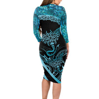 New Zealand Stingray Long Sleeve Bodycon Dress Aotearoa Whai With Maori Paua Shell LT14 - Polynesian Pride