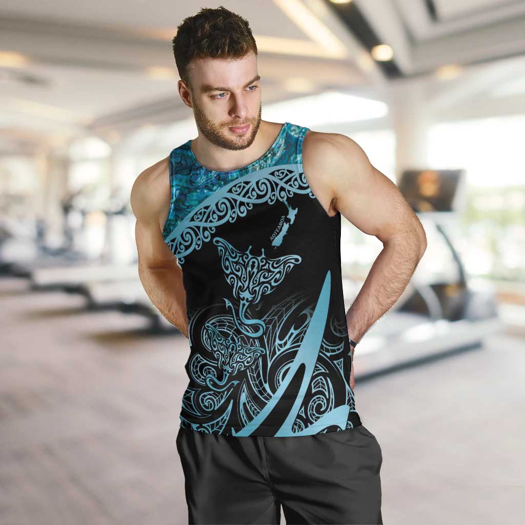 New Zealand Stingray Men Tank Top Aotearoa Whai With Maori Paua Shell LT14 Turquoise - Polynesian Pride