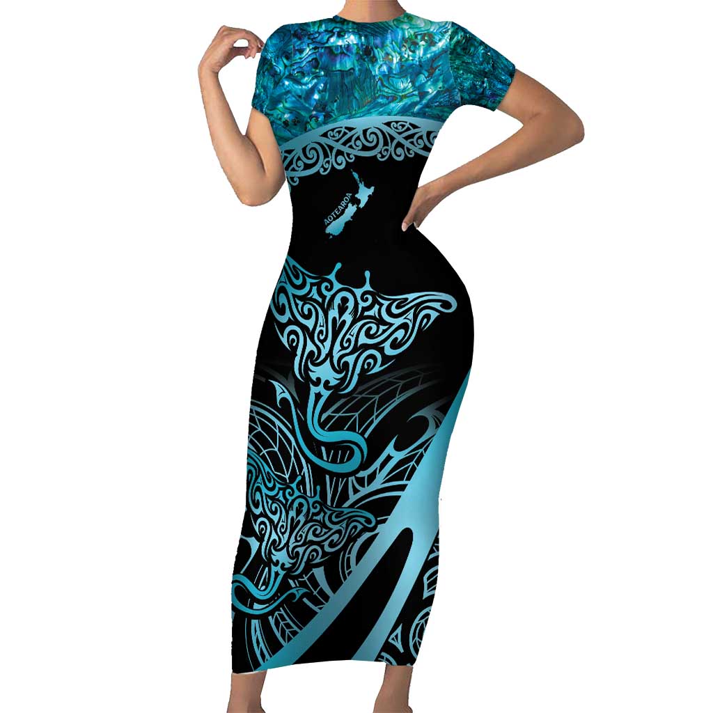 New Zealand Stingray Short Sleeve Bodycon Dress Aotearoa Whai With Maori Paua Shell LT14 Long Dress Turquoise - Polynesian Pride
