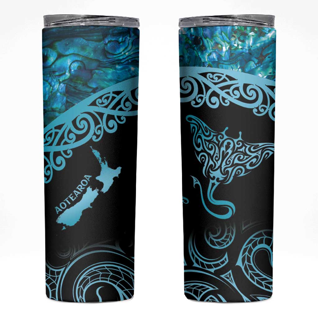 New Zealand Stingray Skinny Tumbler Aotearoa Whai With Maori Paua Shell LT14 Turquoise - Polynesian Pride