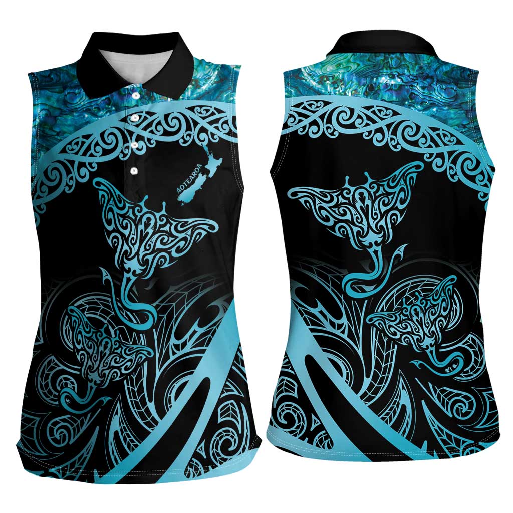 New Zealand Stingray Women Sleeveless Polo Shirt Aotearoa Whai With Maori Paua Shell LT14 - Polynesian Pride