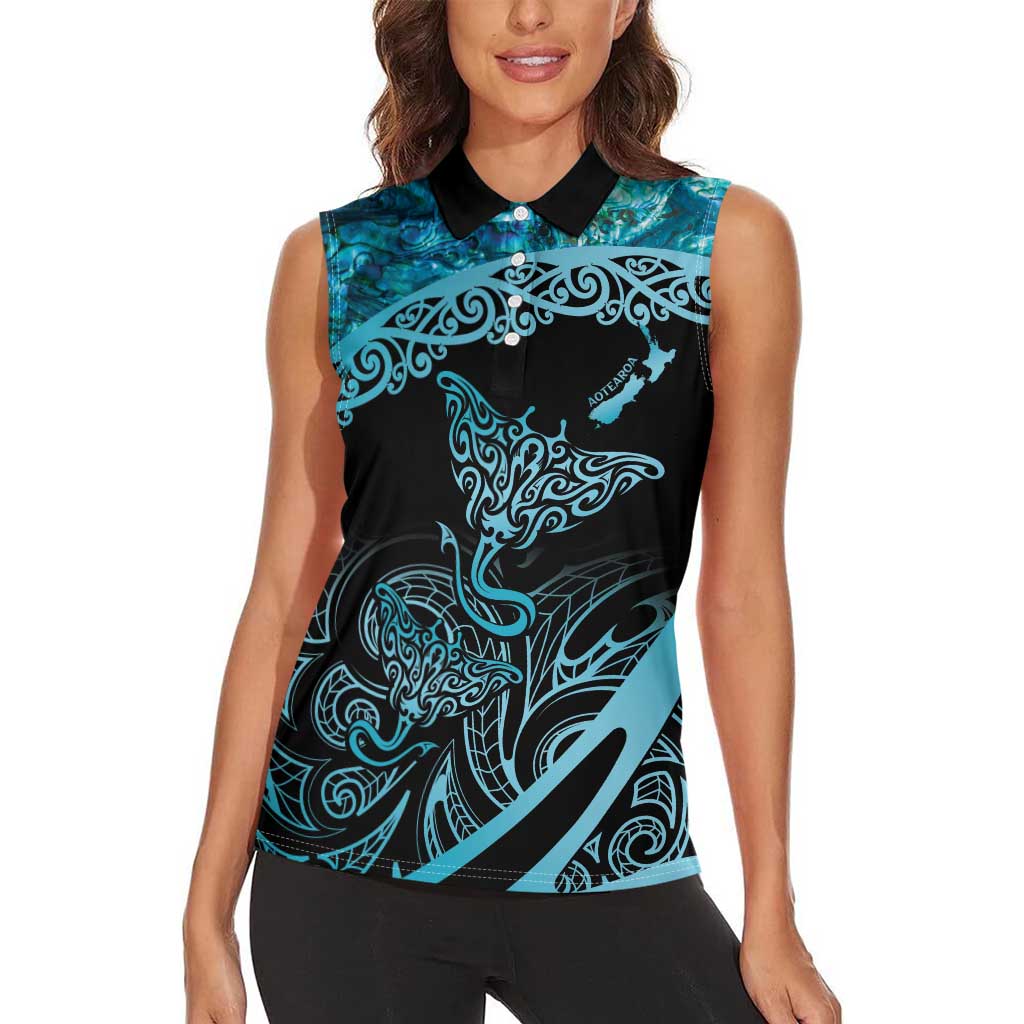 New Zealand Stingray Women Sleeveless Polo Shirt Aotearoa Whai With Maori Paua Shell LT14 - Polynesian Pride