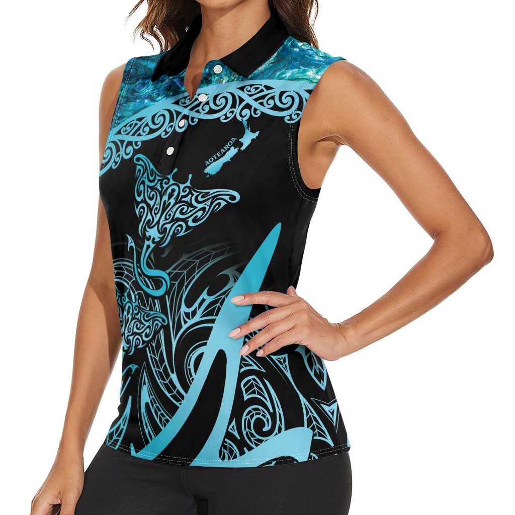 New Zealand Stingray Women Sleeveless Polo Shirt Aotearoa Whai With Maori Paua Shell LT14 - Polynesian Pride