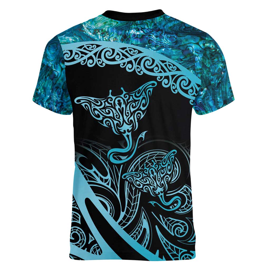 New Zealand Stingray Women V-Neck T-Shirt Aotearoa Whai With Maori Paua Shell LT14 - Polynesian Pride