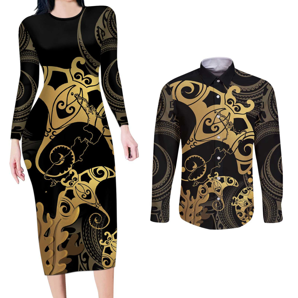 Black And Gold Aotearoa Whai Couples Matching Long Sleeve Bodycon Dress and Long Sleeve Button Shirt NZ Stingrays Maori Curves Style LT14 Gold - Polynesian Pride