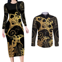 Black And Gold Aotearoa Whai Couples Matching Long Sleeve Bodycon Dress and Long Sleeve Button Shirt NZ Stingrays Maori Curves Style LT14 Gold - Polynesian Pride