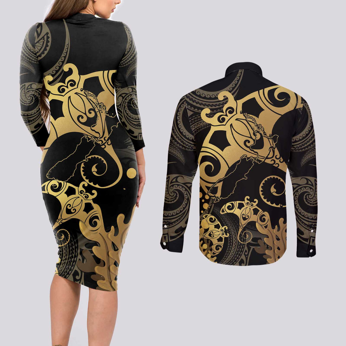 Black And Gold Aotearoa Whai Couples Matching Long Sleeve Bodycon Dress and Long Sleeve Button Shirt NZ Stingrays Maori Curves Style LT14 - Polynesian Pride