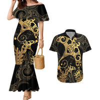 Black And Gold Aotearoa Whai Couples Matching Mermaid Dress and Hawaiian Shirt NZ Stingrays Maori Curves Style LT14 Gold - Polynesian Pride