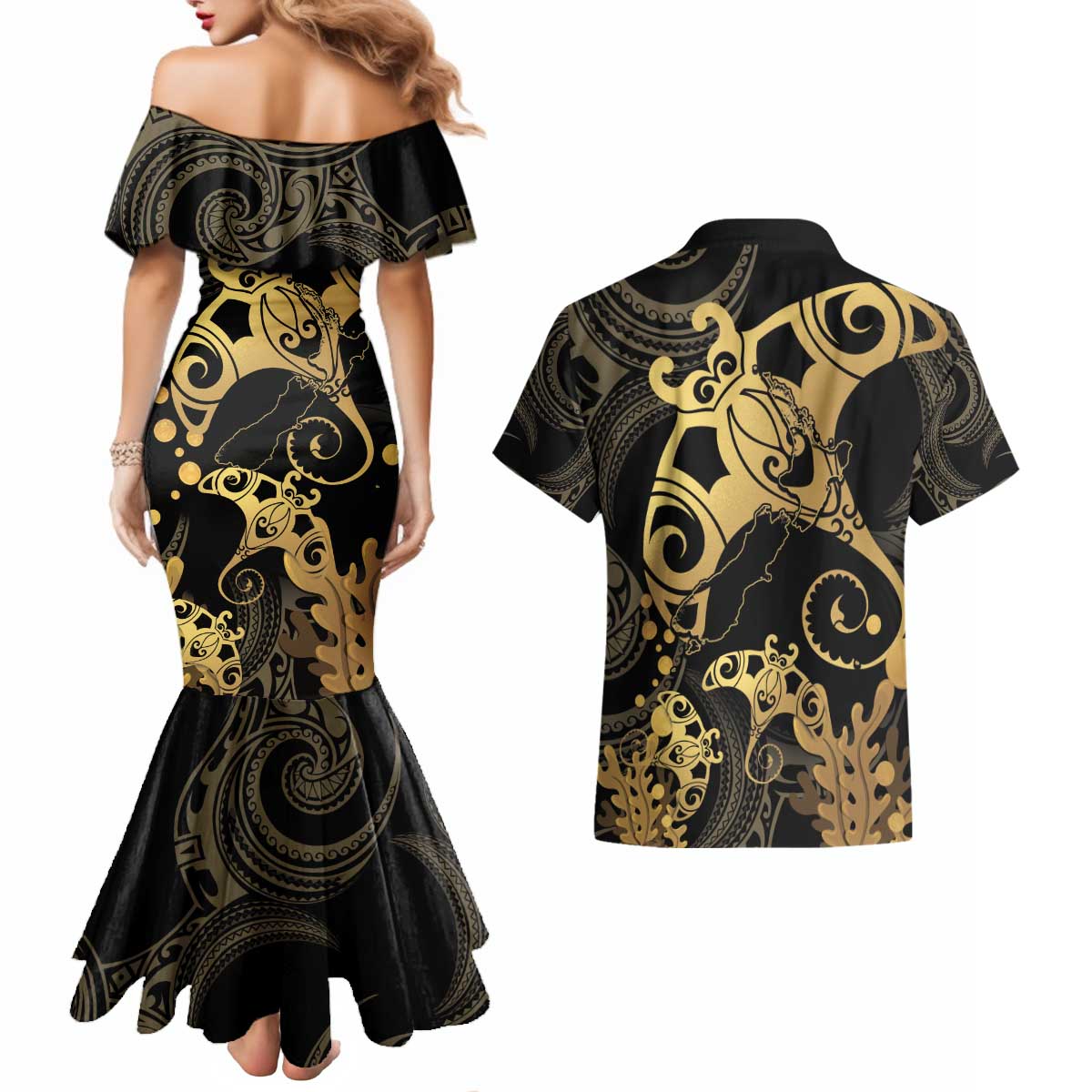 Black And Gold Aotearoa Whai Couples Matching Mermaid Dress and Hawaiian Shirt NZ Stingrays Maori Curves Style LT14 - Polynesian Pride