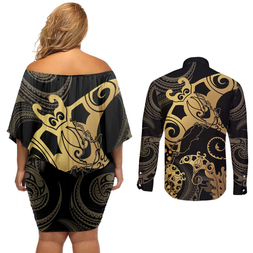 Black And Gold Aotearoa Whai Couples Matching Off Shoulder Short Dress and Long Sleeve Button Shirt NZ Stingrays Maori Curves Style LT14 - Polynesian Pride