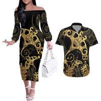 Black And Gold Aotearoa Whai Couples Matching Off The Shoulder Long Sleeve Dress and Hawaiian Shirt NZ Stingrays Maori Curves Style LT14 Gold - Polynesian Pride