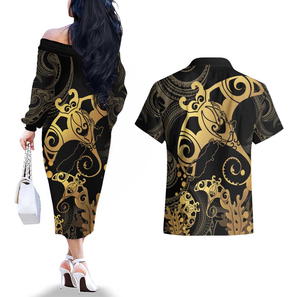 Black And Gold Aotearoa Whai Couples Matching Off The Shoulder Long Sleeve Dress and Hawaiian Shirt NZ Stingrays Maori Curves Style LT14 - Polynesian Pride