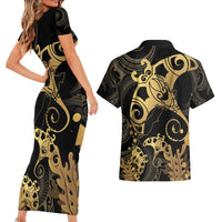 Black And Gold Aotearoa Whai Couples Matching Short Sleeve Bodycon Dress and Hawaiian Shirt NZ Stingrays Maori Curves Style LT14 - Polynesian Pride