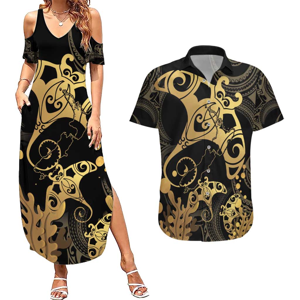 Black And Gold Aotearoa Whai Couples Matching Summer Maxi Dress and Hawaiian Shirt NZ Stingrays Maori Curves Style LT14 Gold - Polynesian Pride
