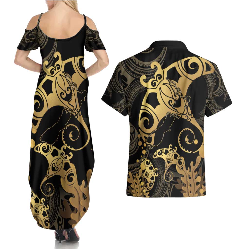 Black And Gold Aotearoa Whai Couples Matching Summer Maxi Dress and Hawaiian Shirt NZ Stingrays Maori Curves Style LT14 - Polynesian Pride