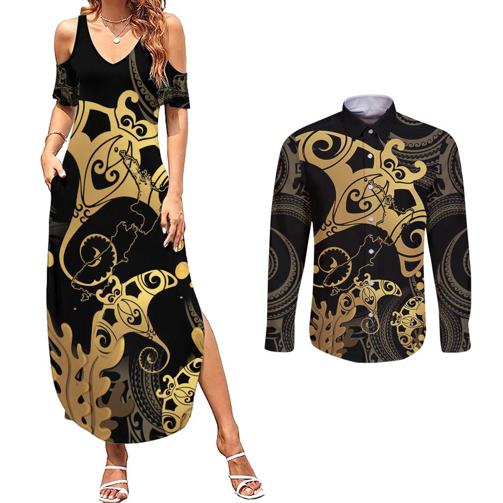 Black And Gold Aotearoa Whai Couples Matching Summer Maxi Dress and Long Sleeve Button Shirt NZ Stingrays Maori Curves Style LT14 Gold - Polynesian Pride