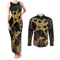 Black And Gold Aotearoa Whai Couples Matching Tank Maxi Dress and Long Sleeve Button Shirt NZ Stingrays Maori Curves Style LT14 Gold - Polynesian Pride