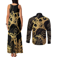 Black And Gold Aotearoa Whai Couples Matching Tank Maxi Dress and Long Sleeve Button Shirt NZ Stingrays Maori Curves Style LT14 - Polynesian Pride