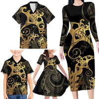 Black And Gold Aotearoa Whai Family Matching Long Sleeve Bodycon Dress and Hawaiian Shirt NZ Stingrays Maori Curves Style LT14 - Polynesian Pride
