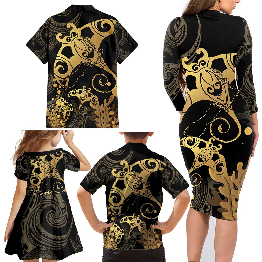 Black And Gold Aotearoa Whai Family Matching Long Sleeve Bodycon Dress and Hawaiian Shirt NZ Stingrays Maori Curves Style LT14 - Polynesian Pride