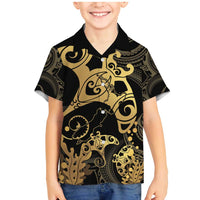 Black And Gold Aotearoa Whai Family Matching Mermaid Dress and Hawaiian Shirt NZ Stingrays Maori Curves Style LT14 Son's Shirt Gold - Polynesian Pride