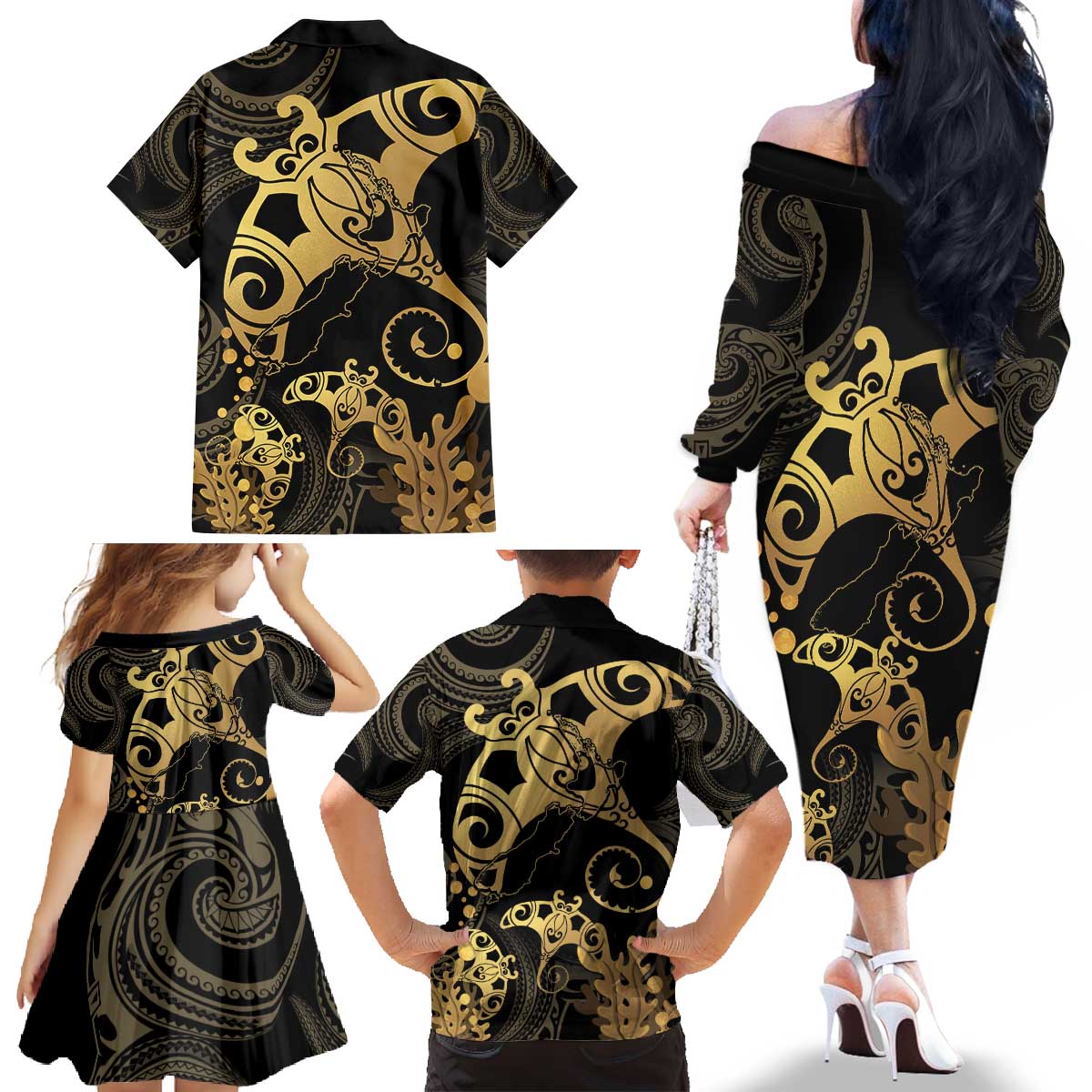 Black And Gold Aotearoa Whai Family Matching Off The Shoulder Long Sleeve Dress and Hawaiian Shirt NZ Stingrays Maori Curves Style LT14 - Polynesian Pride