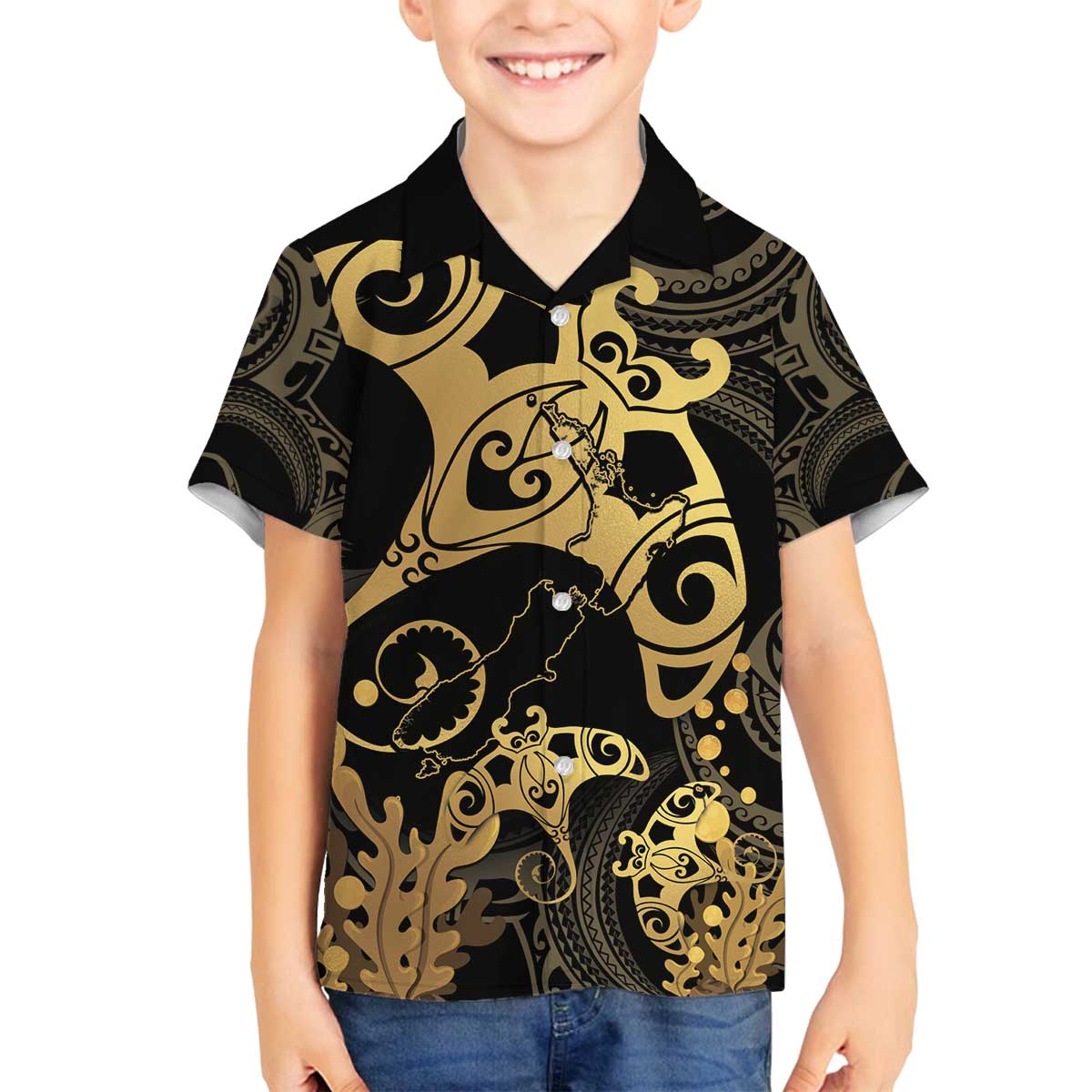 Black And Gold Aotearoa Whai Family Matching Off The Shoulder Long Sleeve Dress and Hawaiian Shirt NZ Stingrays Maori Curves Style LT14 Son's Shirt Gold - Polynesian Pride