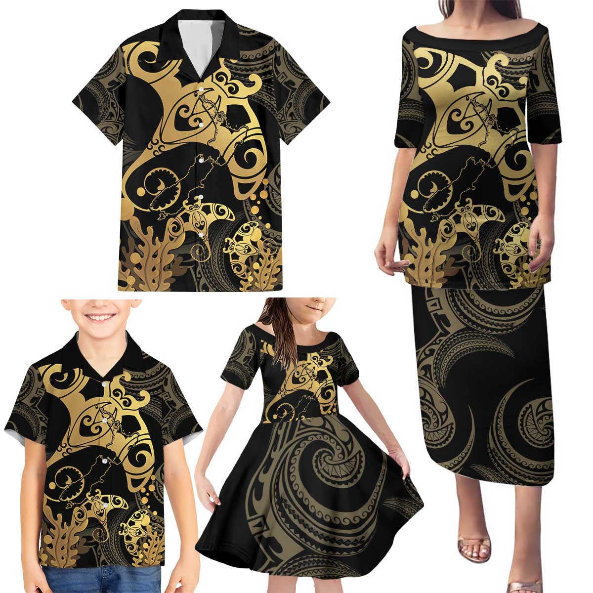 Black And Gold Aotearoa Whai Family Matching Puletasi and Hawaiian Shirt NZ Stingrays Maori Curves Style LT14 - Polynesian Pride