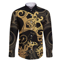 Black And Gold Aotearoa Whai Family Matching Puletasi and Hawaiian Shirt NZ Stingrays Maori Curves Style LT14 Dad's Shirt - Long Sleeve Gold - Polynesian Pride