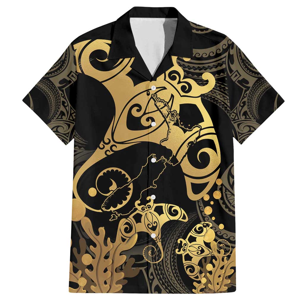 Black And Gold Aotearoa Whai Family Matching Summer Maxi Dress and Hawaiian Shirt NZ Stingrays Maori Curves Style LT14 Dad's Shirt - Short Sleeve Gold - Polynesian Pride