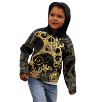 Black And Gold Aotearoa Whai Kid Hoodie NZ Stingrays Maori Curves Style LT14 - Polynesian Pride