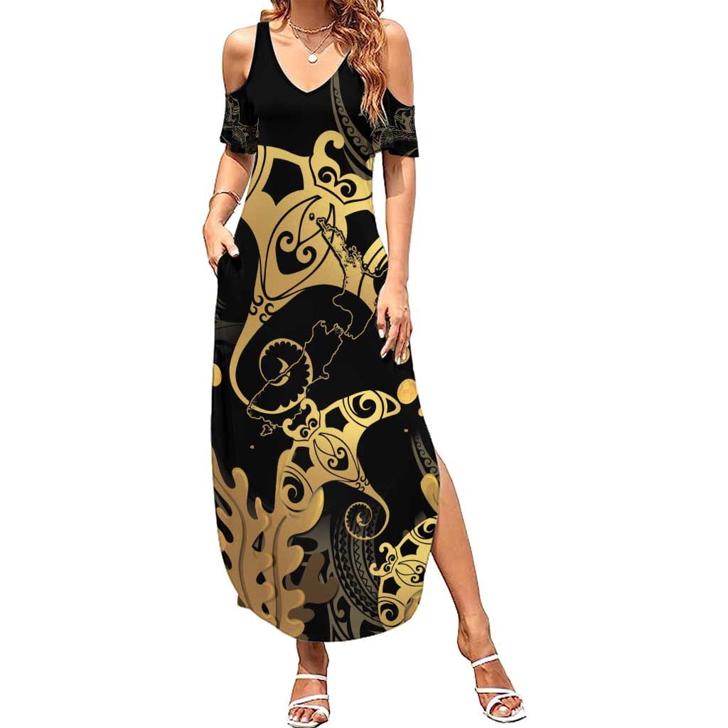 Black And Gold Aotearoa Whai Summer Maxi Dress NZ Stingrays Maori Curves Style LT14 Women Gold - Polynesian Pride