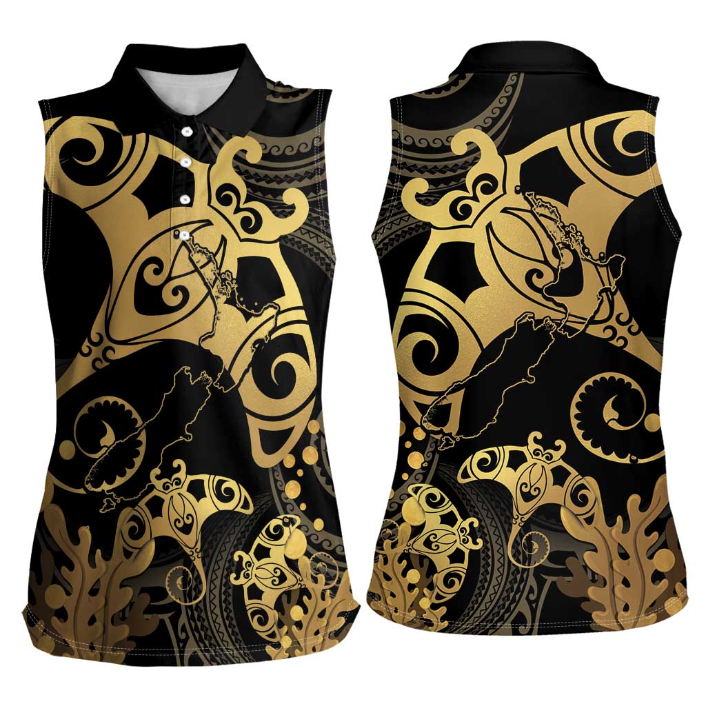 Black And Gold Aotearoa Whai Women Sleeveless Polo Shirt NZ Stingrays Maori Curves Style LT14 - Polynesian Pride
