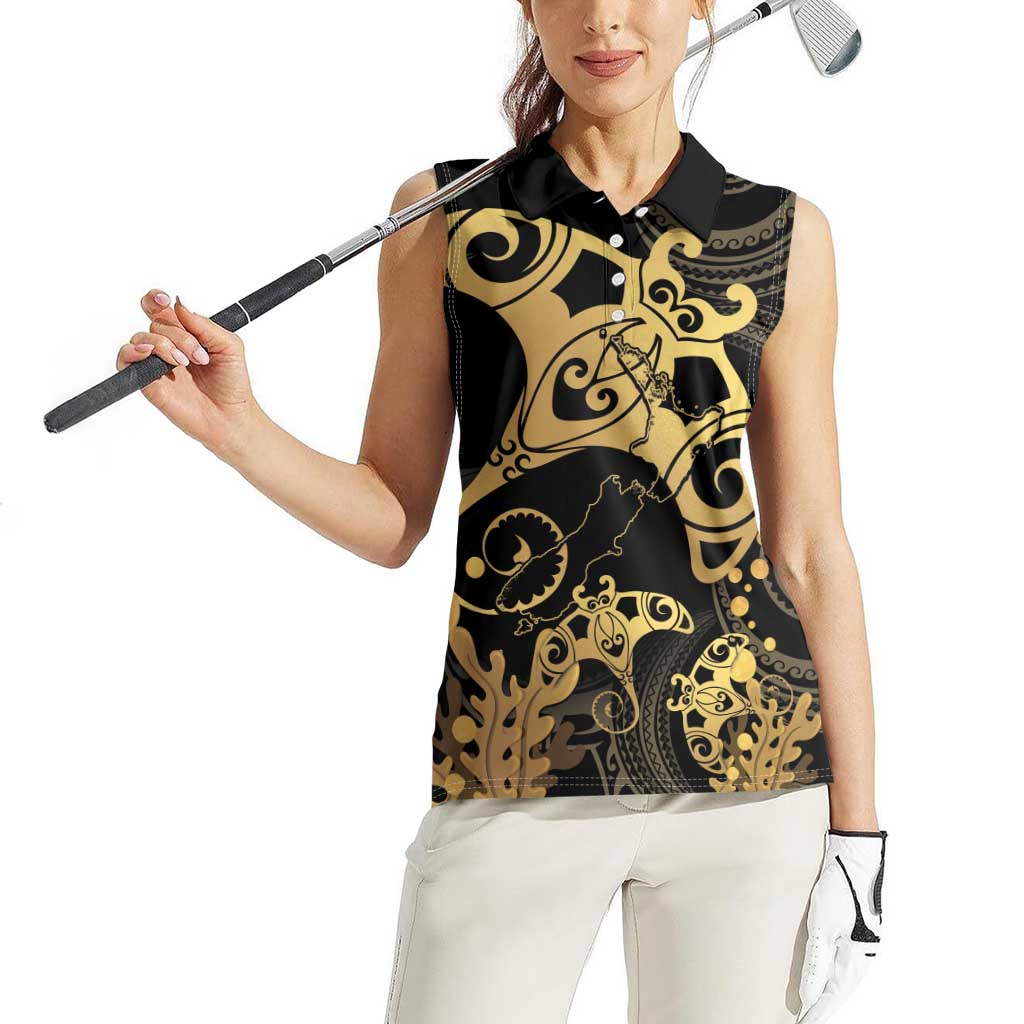 Black And Gold Aotearoa Whai Women Sleeveless Polo Shirt NZ Stingrays Maori Curves Style LT14 - Polynesian Pride