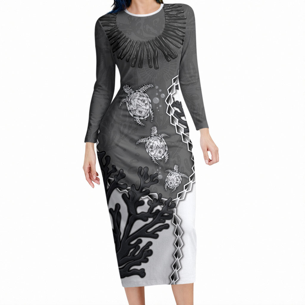 Personalized Black Coral Hawaii Long Sleeve Bodycon Dress Ekaha Ku Moana Honu Sea Turtle
