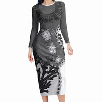 Personalized Black Coral Hawaii Long Sleeve Bodycon Dress Ekaha Ku Moana Honu Sea Turtle LT14 Long Dress Gray - Polynesian Pride